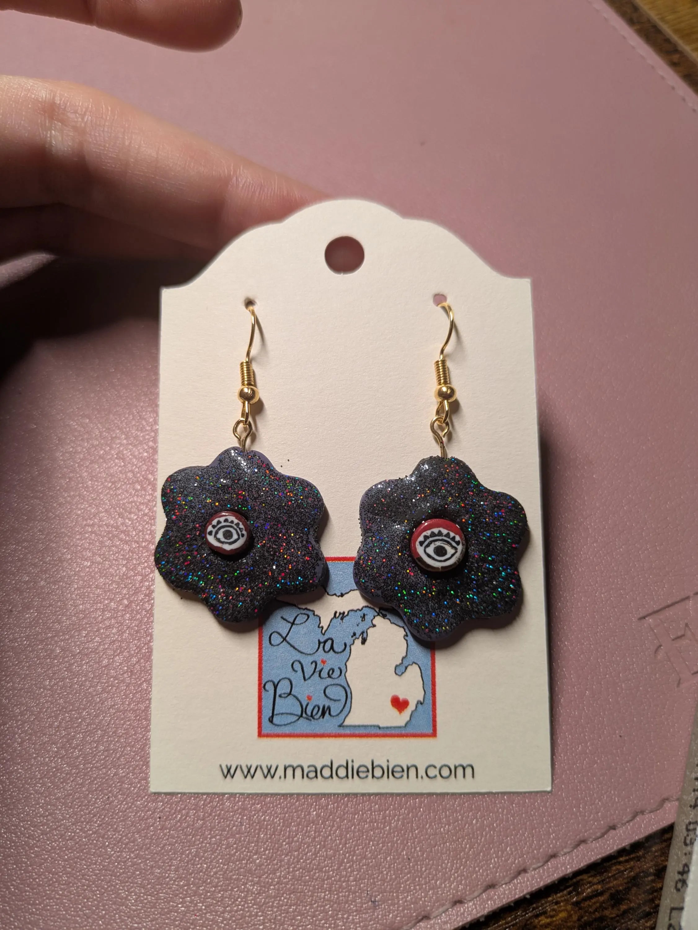 Handmade Sparkly Eye Dangle Earrings: Purple Black Flower, Gold Hardware