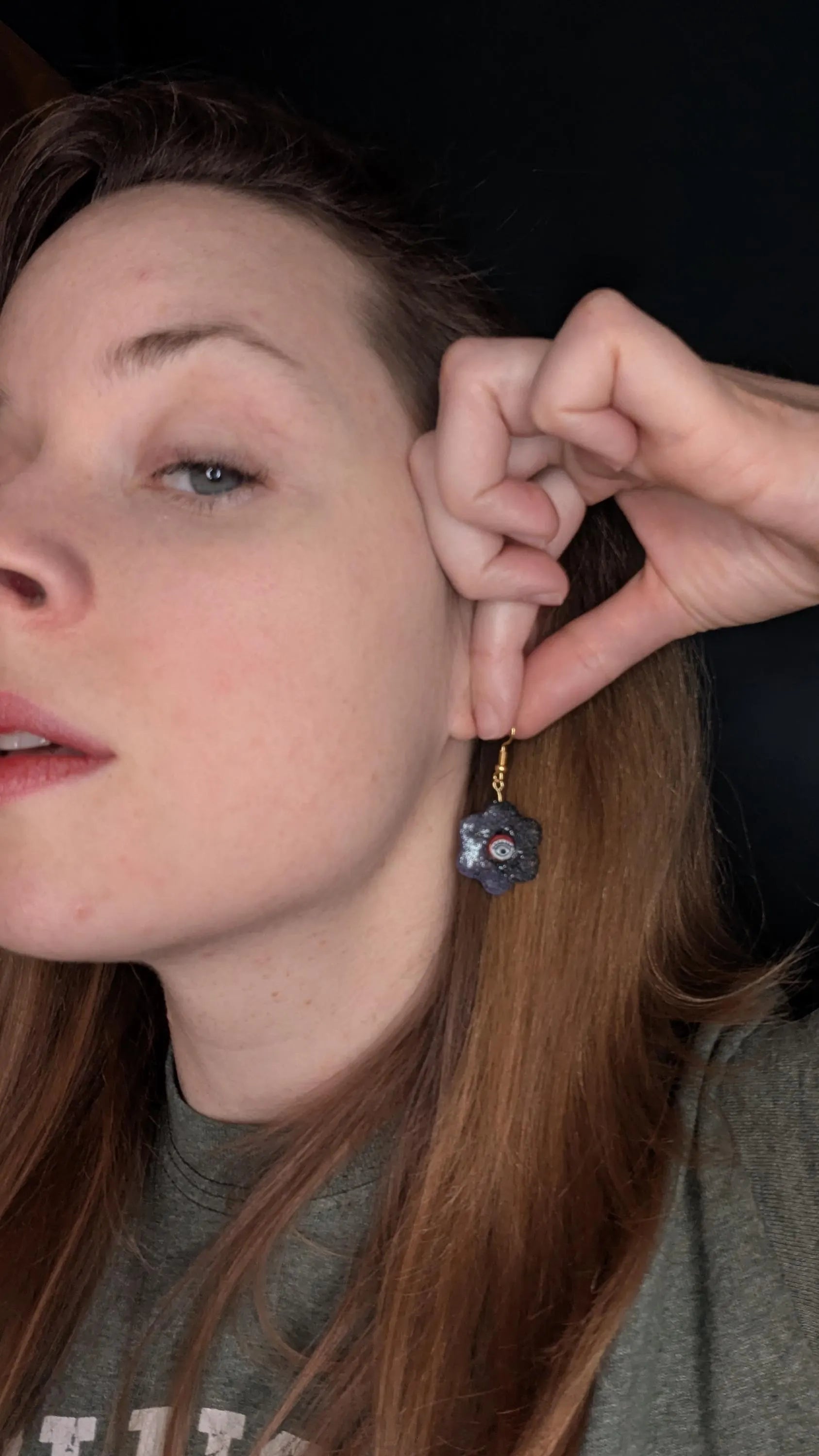 Handmade Sparkly Eye Dangle Earrings: Purple Black Flower, Gold Hardware