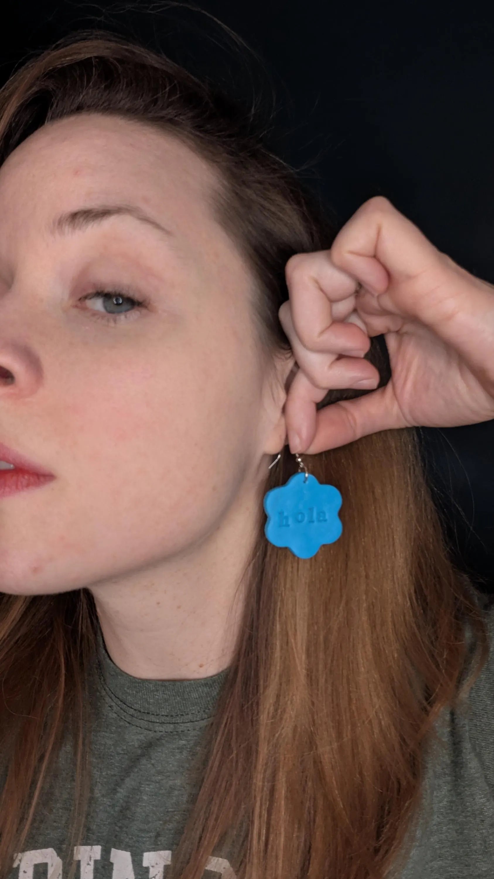 Hola Polymer Clay Earrings: Turquoise Flower, Bilingual Gift