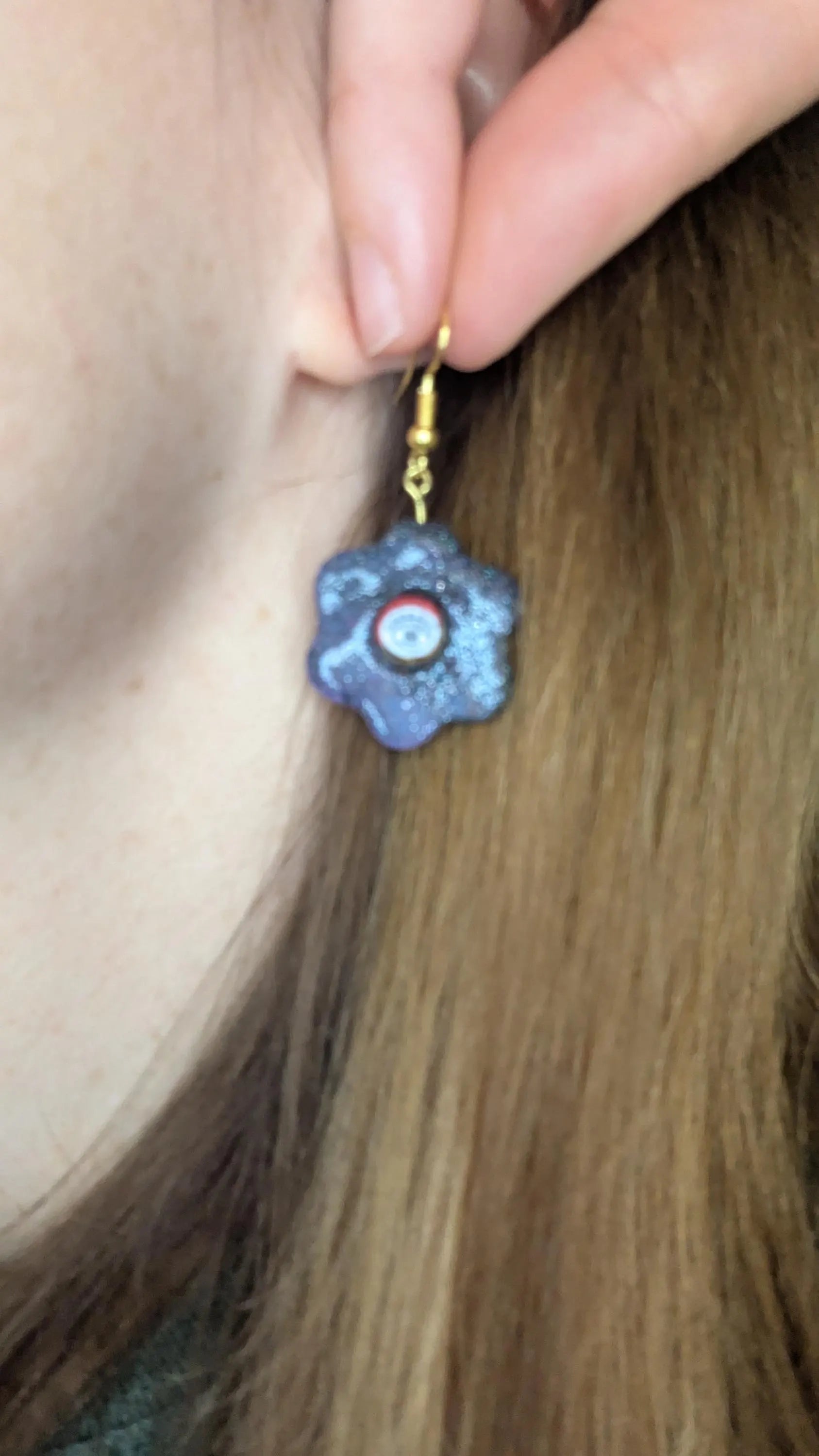 Handmade Sparkly Eye Dangle Earrings: Purple Black Flower, Gold Hardware