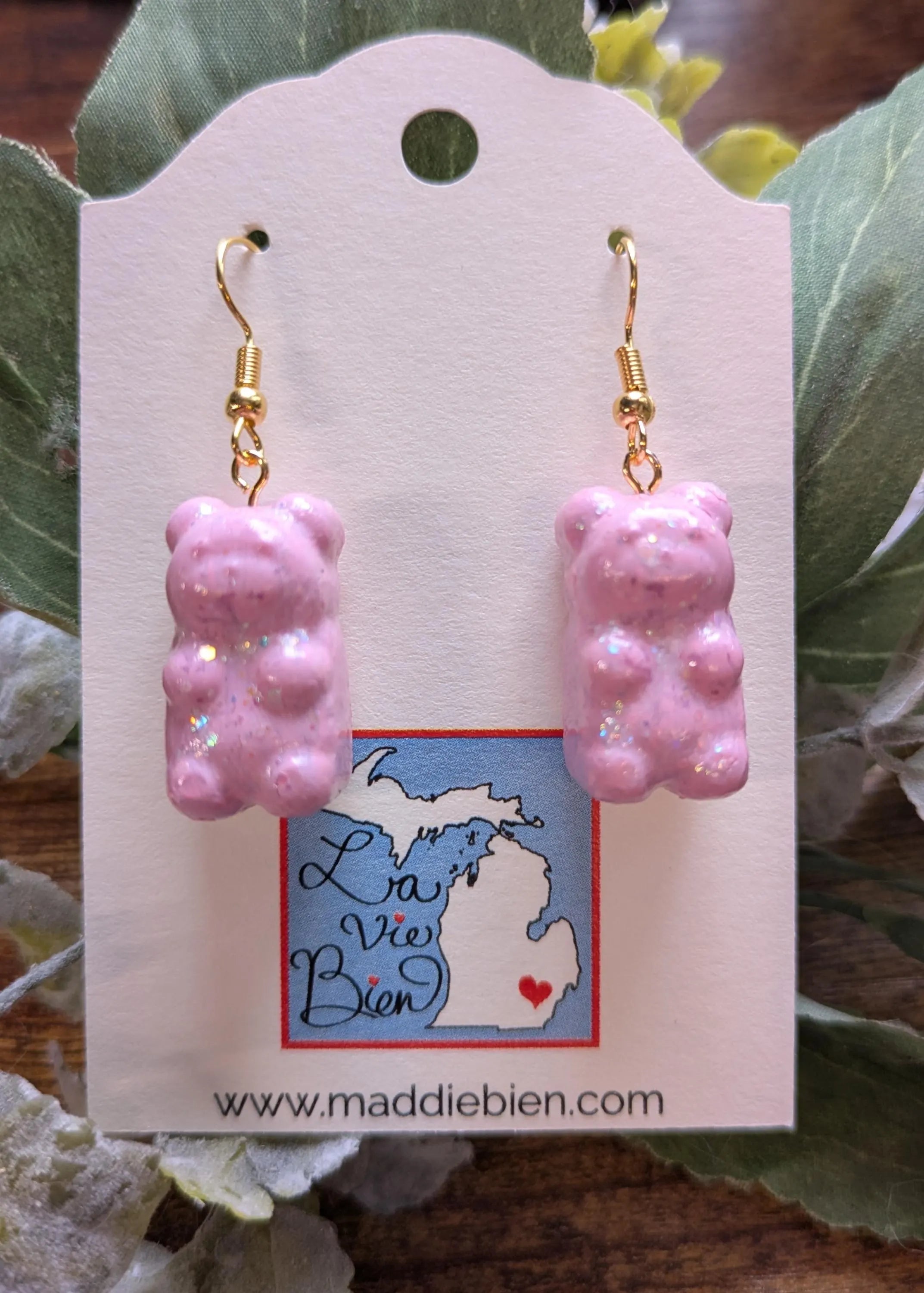 Sparkle Gummy Bear Earrings: Pink Glitter Polymer Clay, Gold Hooks