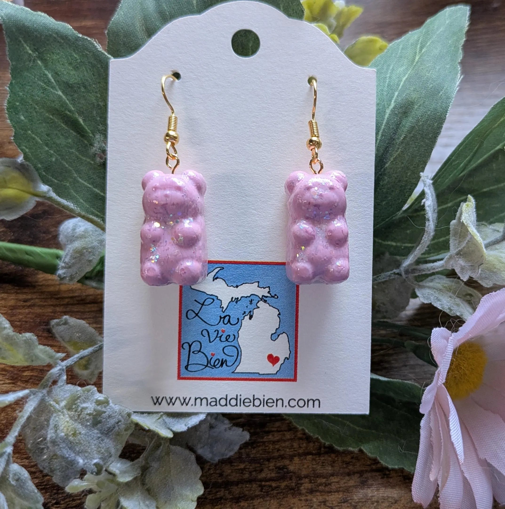 Sparkle Gummy Bear Earrings: Pink Glitter Polymer Clay, Gold Hooks