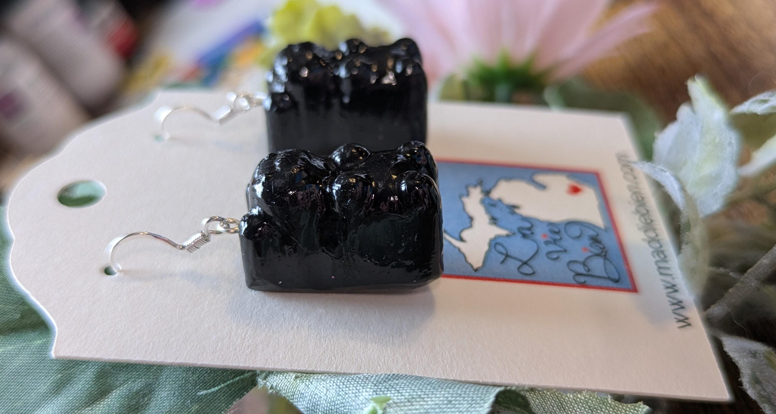Handmade Goth Gummy Bear Earrings: Shiny Black Polymer Clay Jewelry