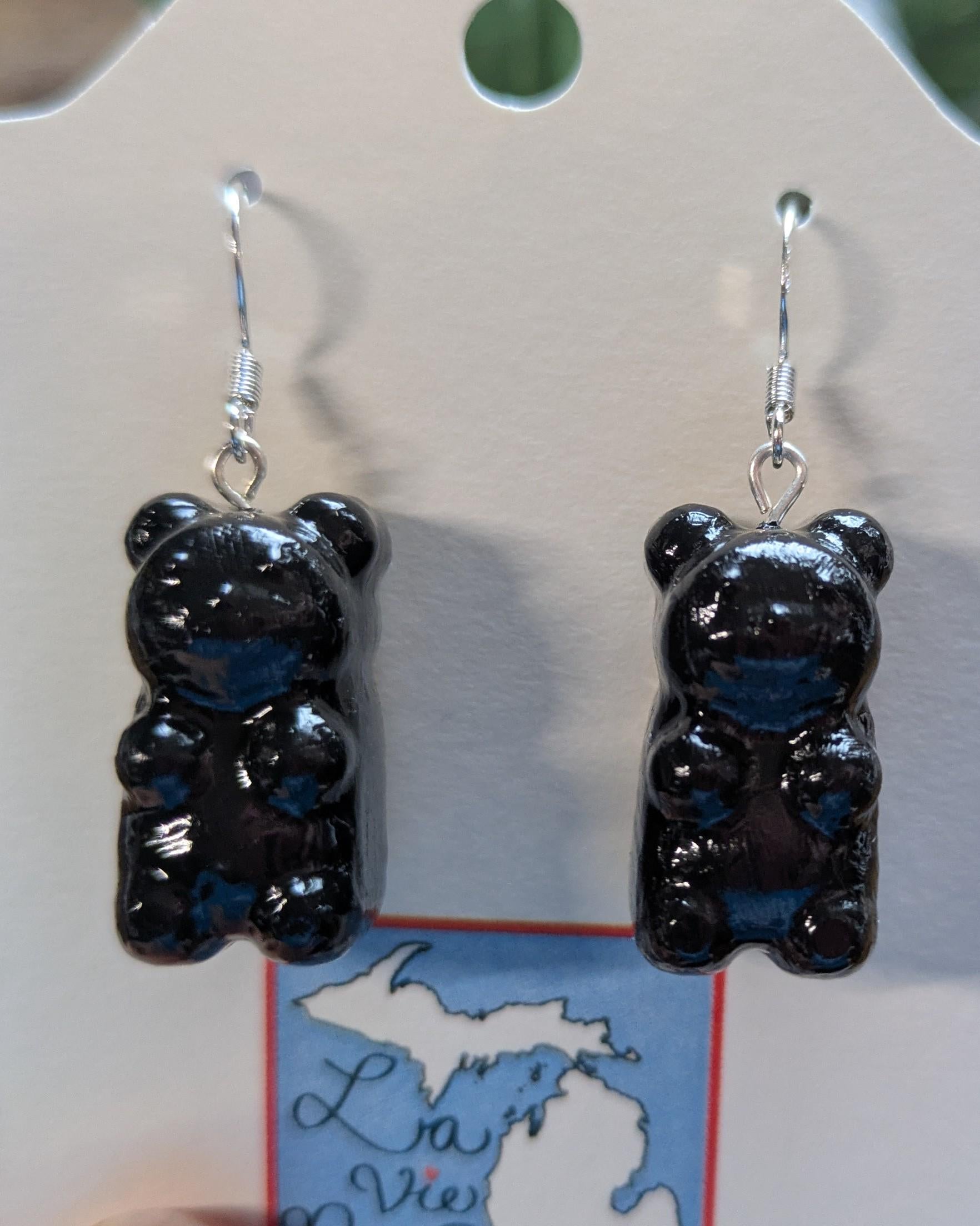 Handmade Goth Gummy Bear Earrings: Shiny Black Polymer Clay Jewelry