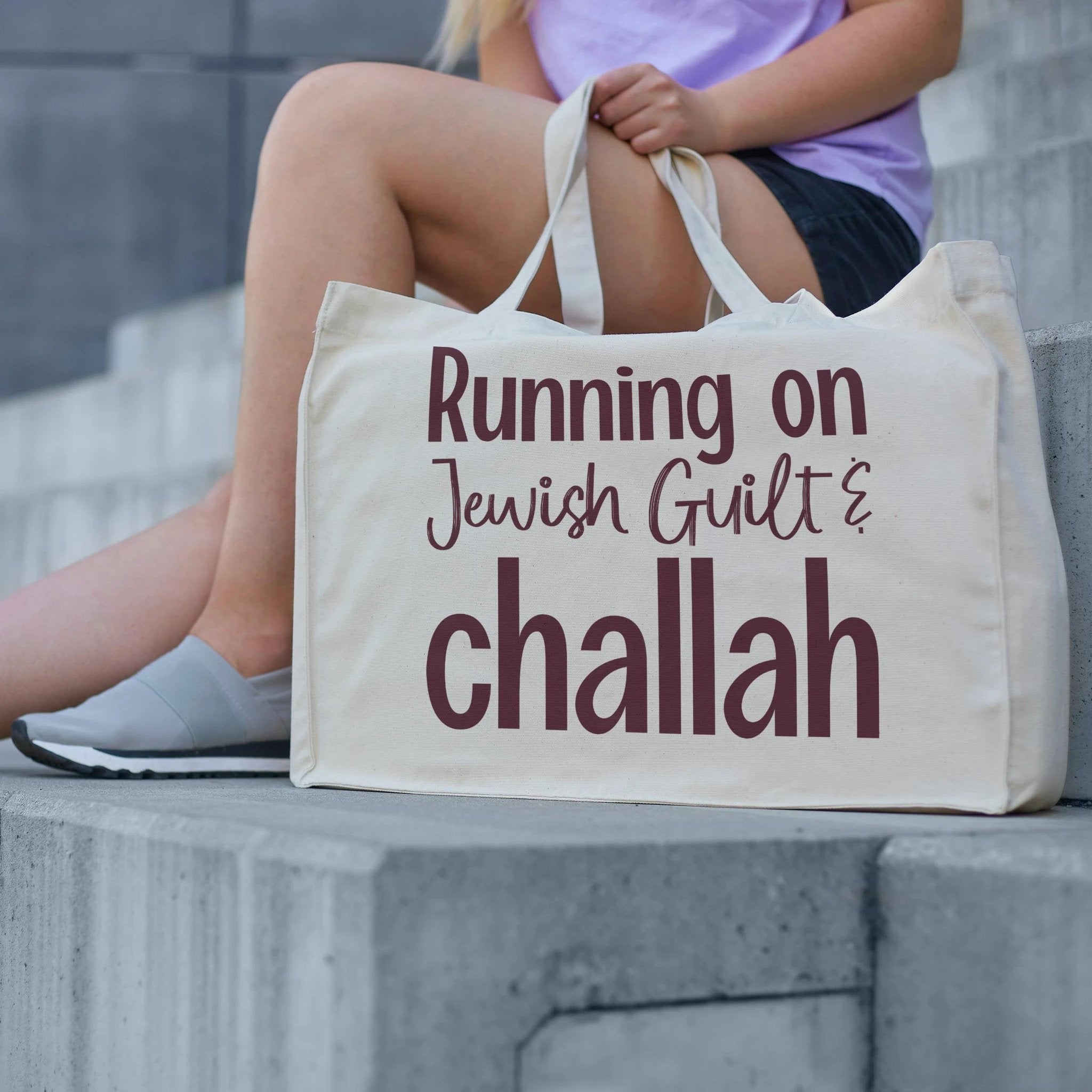 Running on Jewish Guilt Oversized Tote Bag – Challah, Caffeine, or Cold Brew by Salt Sparkle Shalom