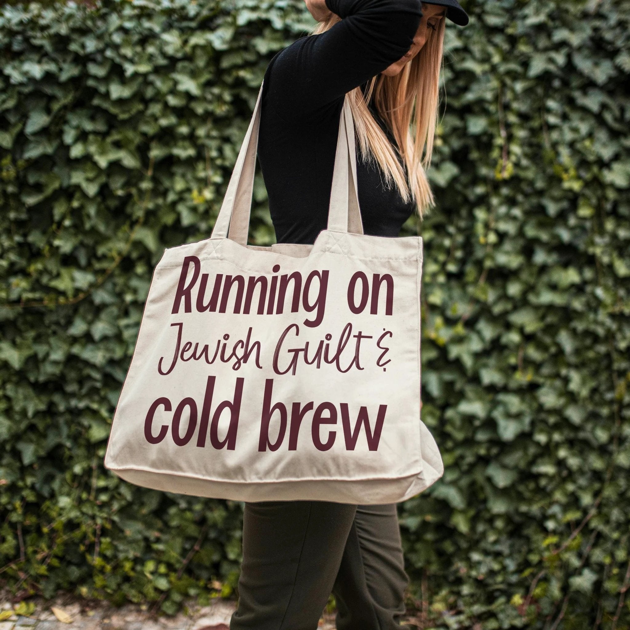Running on Jewish Guilt Oversized Tote Bag – Challah, Caffeine, or Cold Brew by Salt Sparkle Shalom