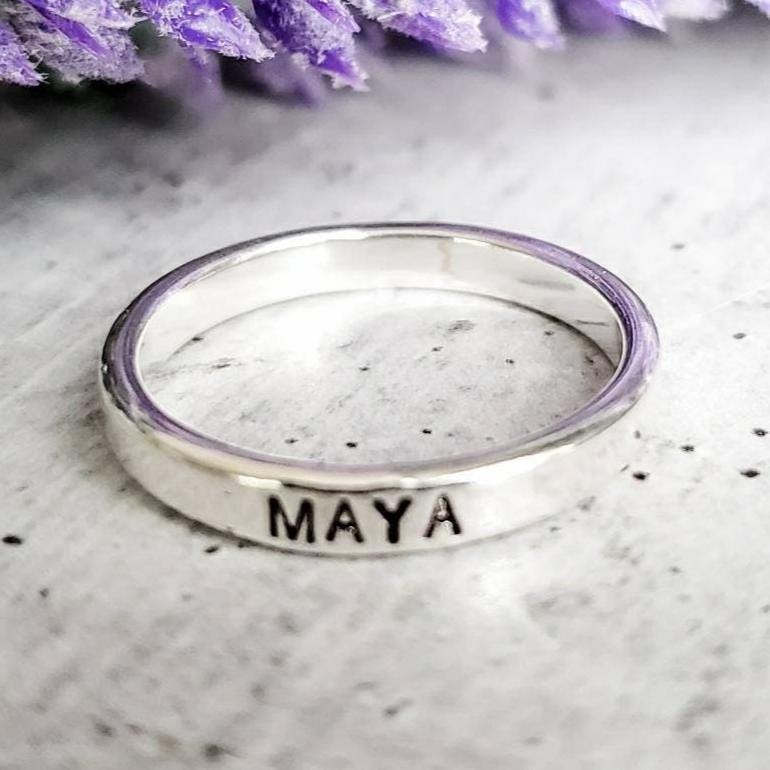 Personalized Sterling Silver Name Stacking Band Rings – Custom Word, Date or Initial Ring