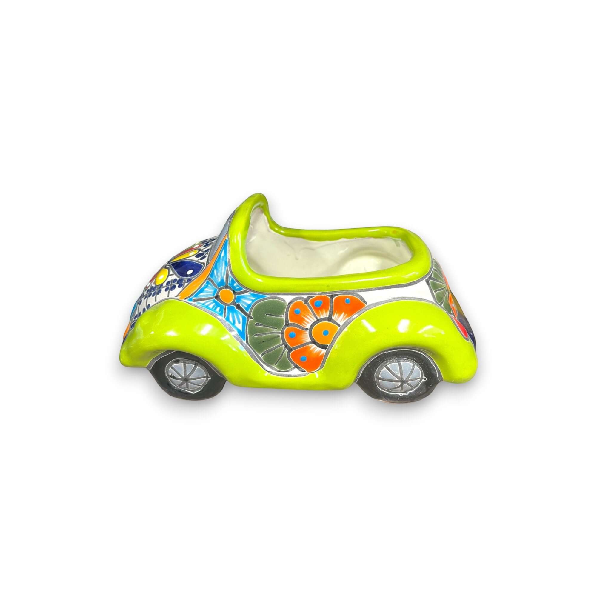 Colorful Hand-Painted Talavera Car Planter | Small Ceramic Car Statue