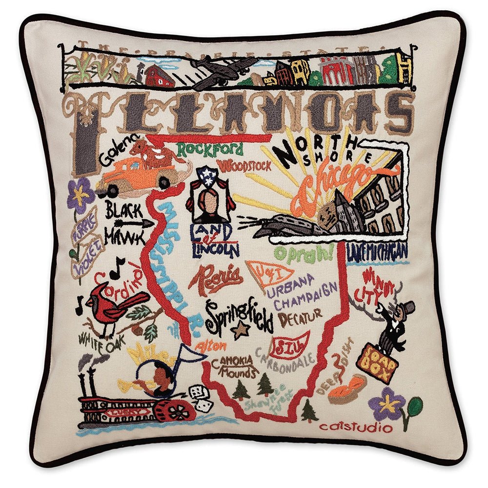 Illinois Hand - Embroidered Pillow Pillows La Vie Bien Illinois Hand - Embroidered Pillow