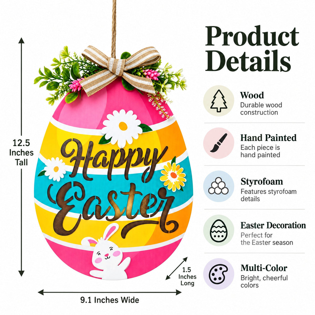 Illuminated LED Wooden Easter Egg Hanging Decor 12.5 Inches Tall Easter > Wall Decorations La Vie Bien Illuminated LED Wooden Easter Egg Hanging Decor 12.5 Inches Tall