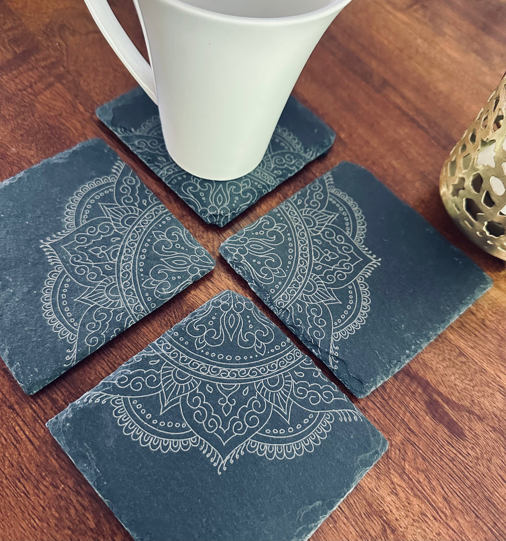 Mandala Slate Coasters| Modern Indian Inspired Tabletop Decor