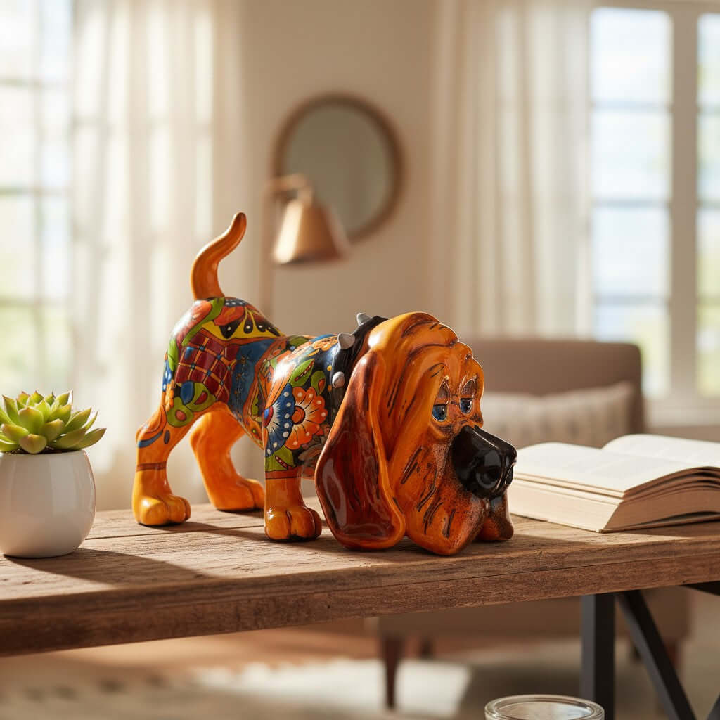 Colorful Talavera Hound Dog Statue | Handcrafted Mexican Dog Art (Medium Size)