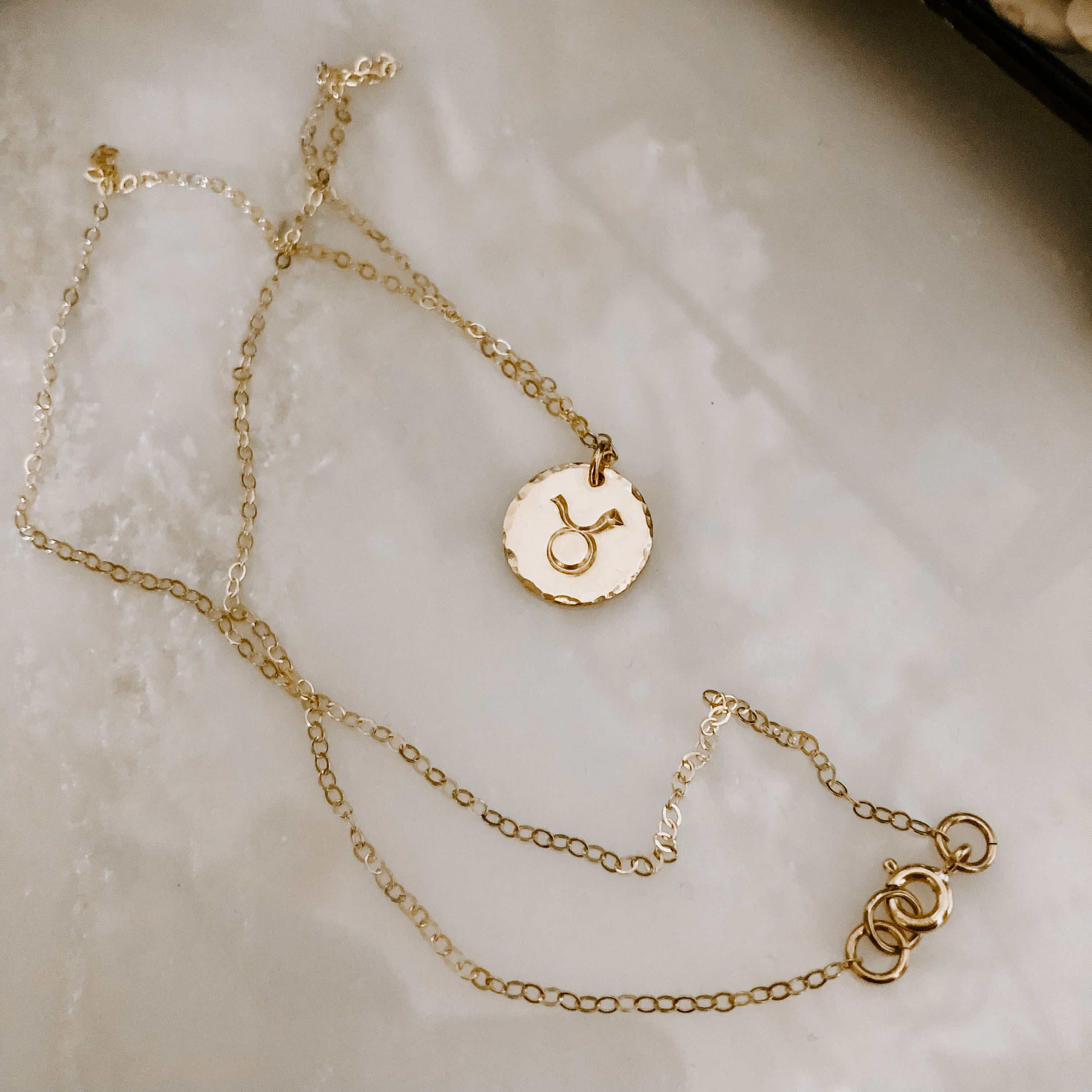 Collection of hand-stamped zodiac sign necklaces in gold and silver featuring circular pendants with astrological symbols including Aquarius, Scorpio, Taurus, Sagittarius, Cancer, Leo, Aries, Gemini, and Libra, displayed with delicate chains on a marble surface