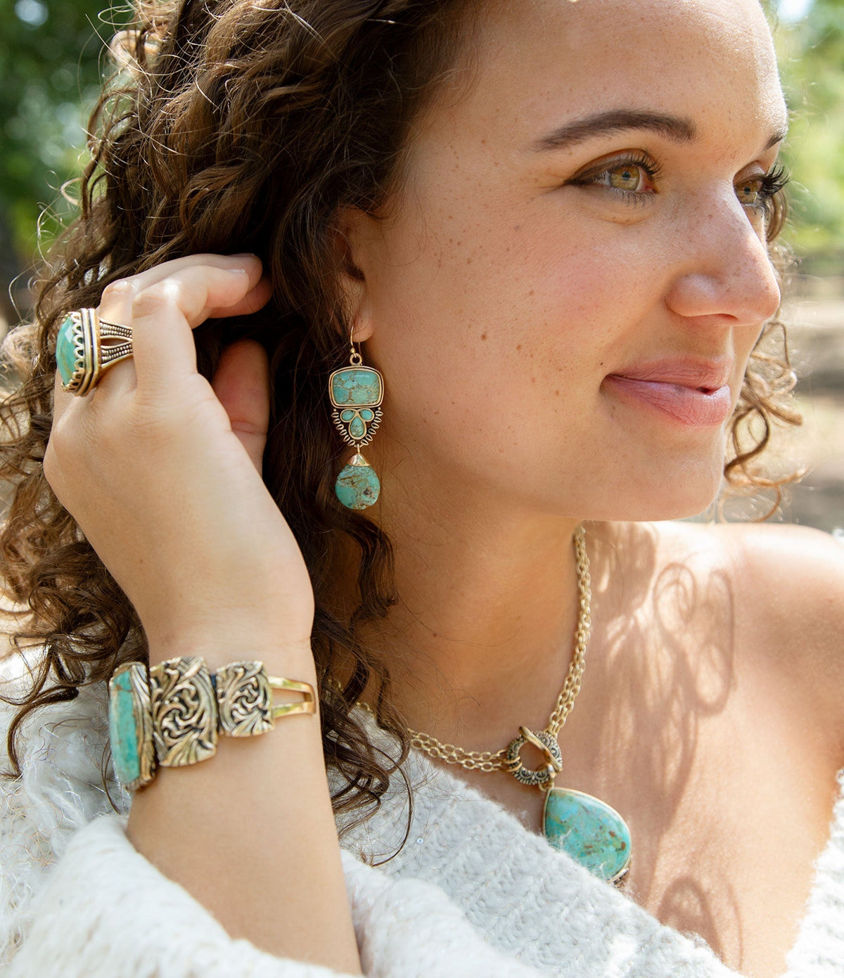 Imara Blue Turquoise and Golden Statement Earrings Earrings La Vie Bien Imara Blue Turquoise and Golden Statement Earrings