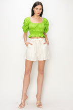 Cotton Square neck puff sleeve smocked crop top