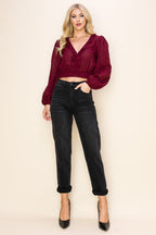 Long Puff Sleeves Ruffle V-Neck Crop Top