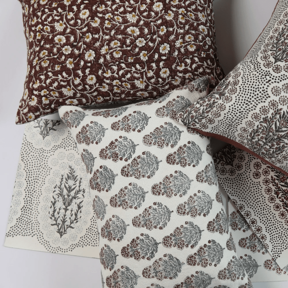 Inaya Linen Floral Throw Pillow Cover, Ruby on White by White Cliff Studio