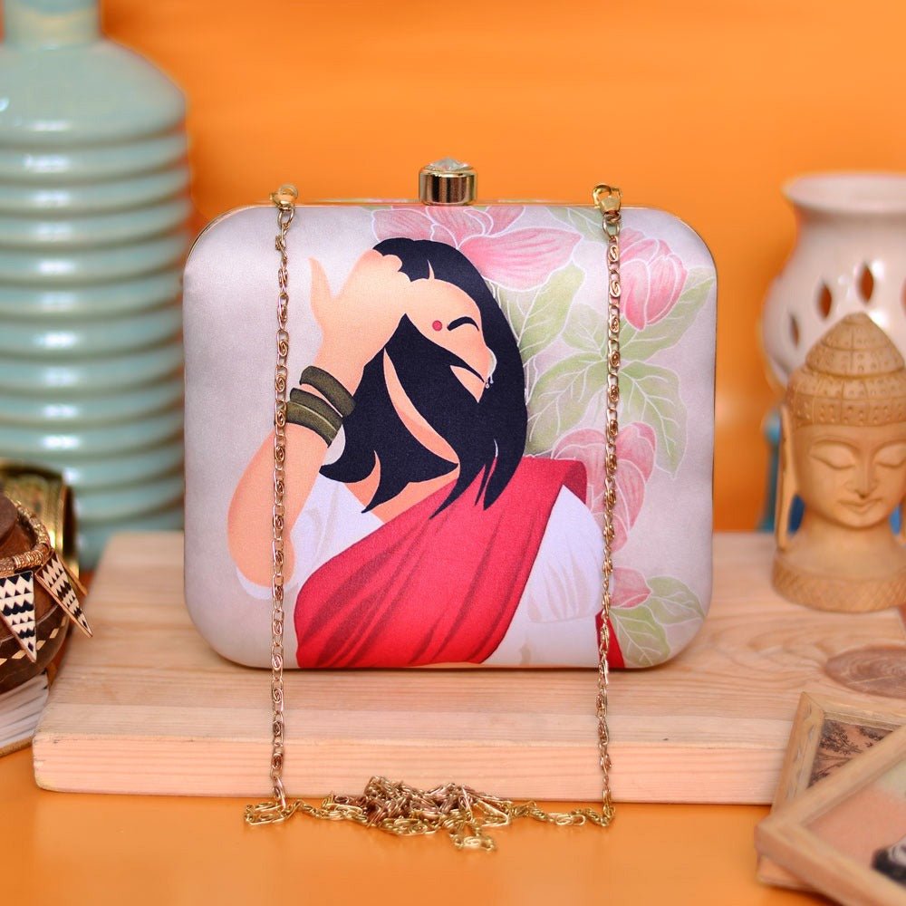 Indian Ethnic Designer Beige Clutch with Portrait of Women with Pink Saree Clutch La Vie Bien Indian Ethnic Designer Beige Clutch with Portrait of Women with Pink Saree
