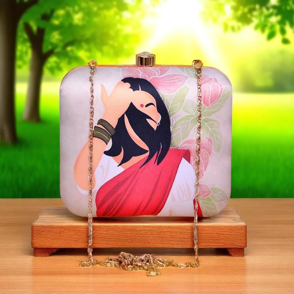 Indian Ethnic Designer Beige Clutch with Portrait of Women with Pink Saree Clutch La Vie Bien Indian Ethnic Designer Beige Clutch with Portrait of Women with Pink Saree