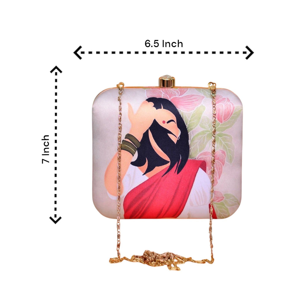 Indian Ethnic Designer Beige Clutch with Portrait of Women with Pink Saree Clutch La Vie Bien Indian Ethnic Designer Beige Clutch with Portrait of Women with Pink Saree