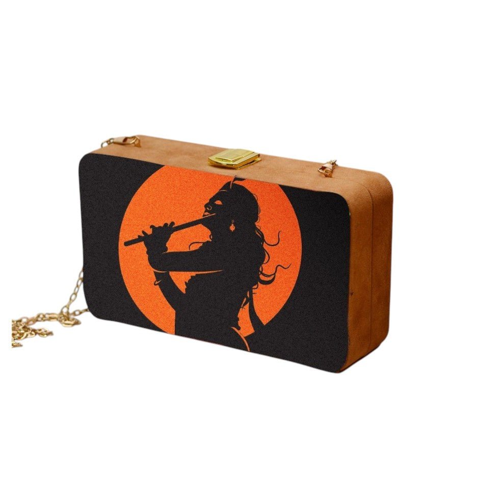Indian Ethnic Designer Black & Orange Wooden Clutch with Portrait of Lord Krishna with Bansuri in Hand Clutch La Vie Bien Indian Ethnic Designer Black & Orange Wooden Clutch with Portrait of Lord Krishna with Bansuri in Hand