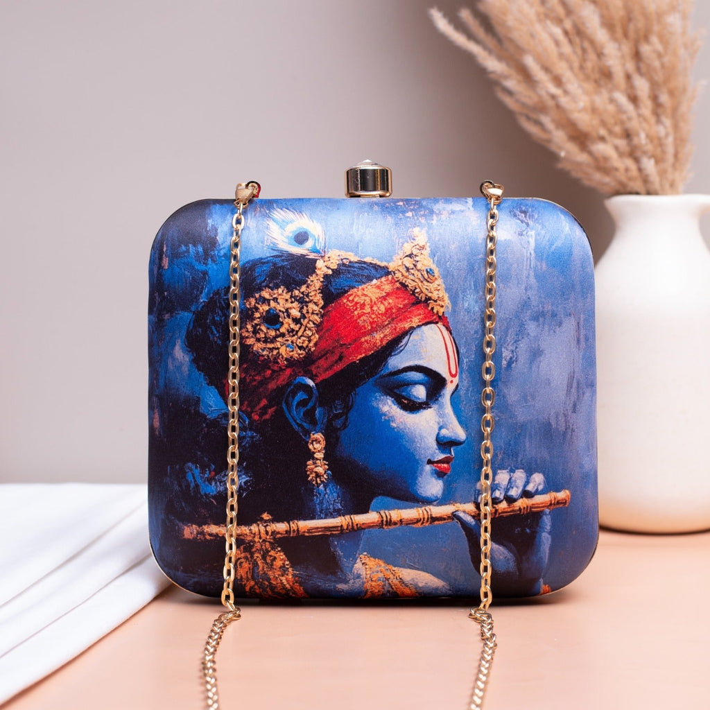 Indian Ethnic Designer Blue Clutch with Krishna with Bansuri Portrait Clutch La Vie Bien Indian Ethnic Designer Blue Clutch with Krishna with Bansuri Portrait
