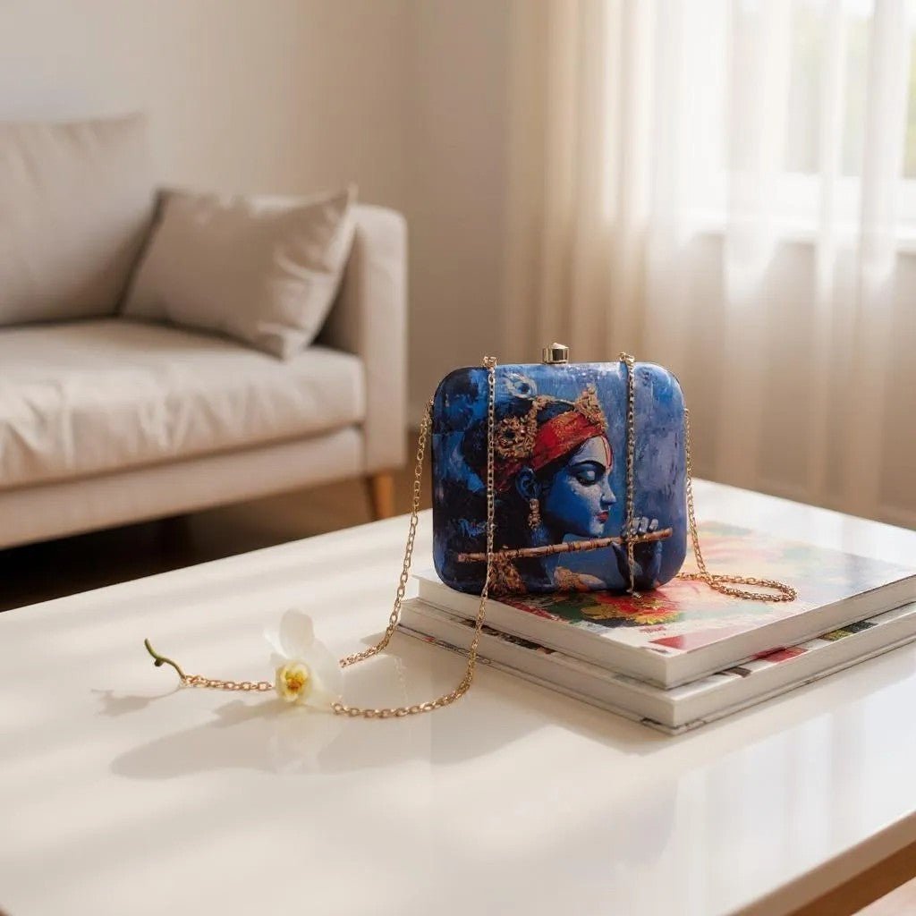 Indian Ethnic Designer Blue Clutch with Krishna with Bansuri Portrait Clutch La Vie Bien Indian Ethnic Designer Blue Clutch with Krishna with Bansuri Portrait