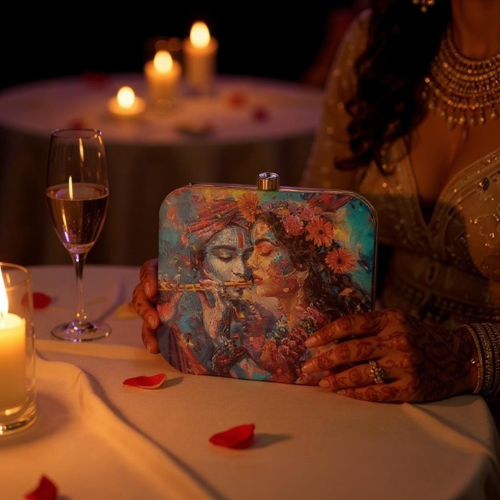 Indian Ethnic Designer Blue Clutch with Radha Krishna Portrait Clutch La Vie Bien Indian Ethnic Designer Blue Clutch with Radha Krishna Portrait