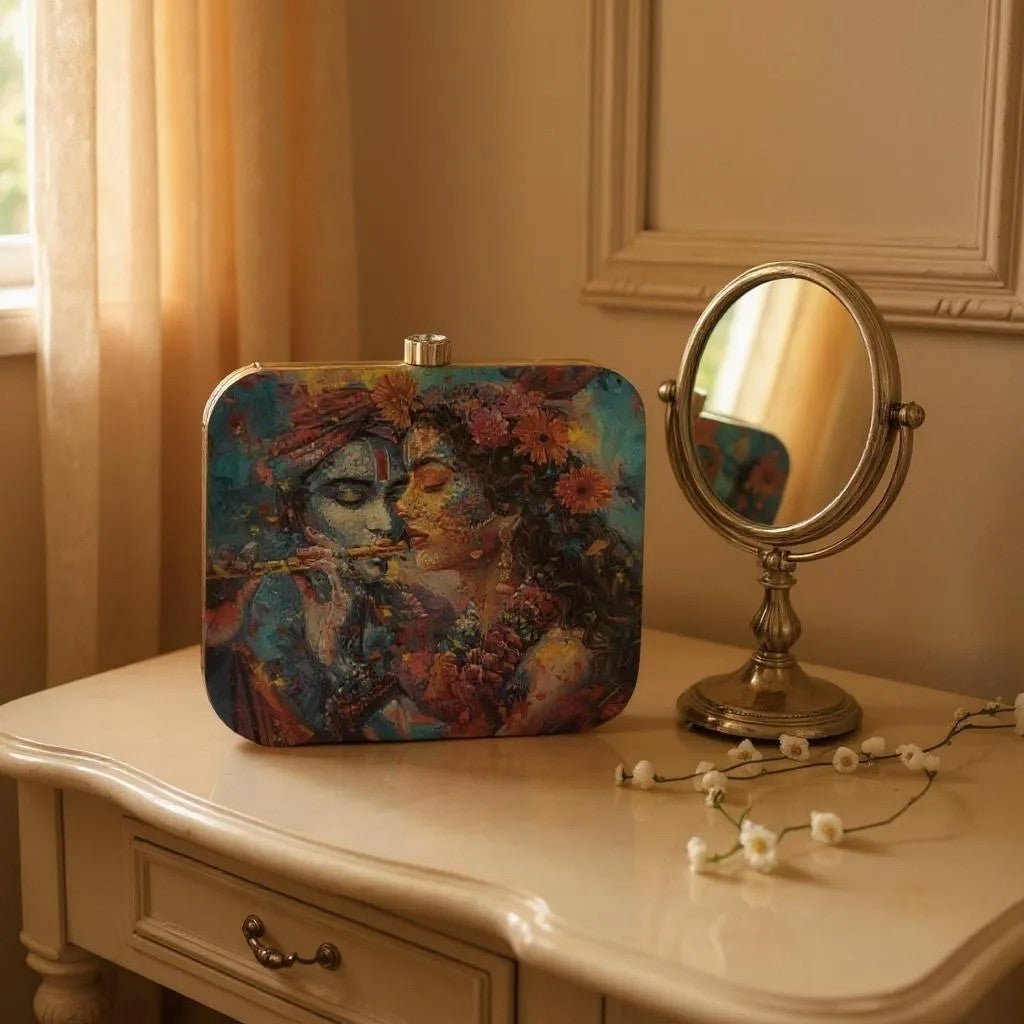 Indian Ethnic Designer Blue Clutch with Radha Krishna Portrait Clutch La Vie Bien Indian Ethnic Designer Blue Clutch with Radha Krishna Portrait