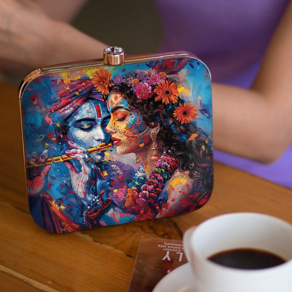 Indian Ethnic Designer Blue Clutch with Radha Krishna Portrait Clutch La Vie Bien Indian Ethnic Designer Blue Clutch with Radha Krishna Portrait