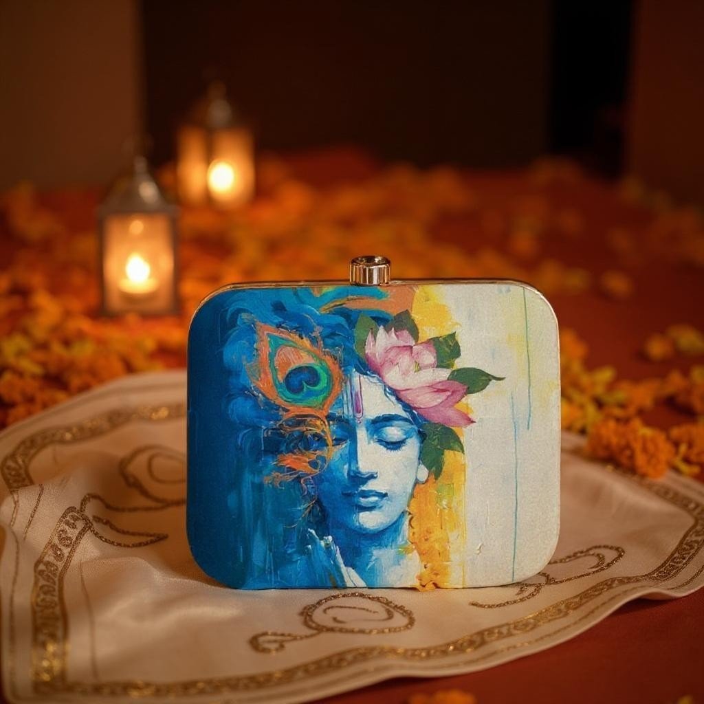 Indian Ethnic Designer Blue & Ivory Clutch with Krishna Portrait Clutch La Vie Bien Indian Ethnic Designer Blue & Ivory Clutch with Krishna Portrait