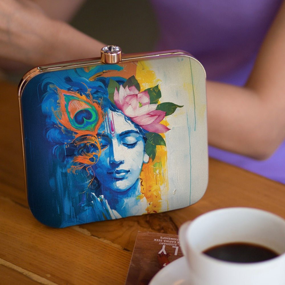 Indian Ethnic Designer Blue & Ivory Clutch with Krishna Portrait Clutch La Vie Bien Indian Ethnic Designer Blue & Ivory Clutch with Krishna Portrait