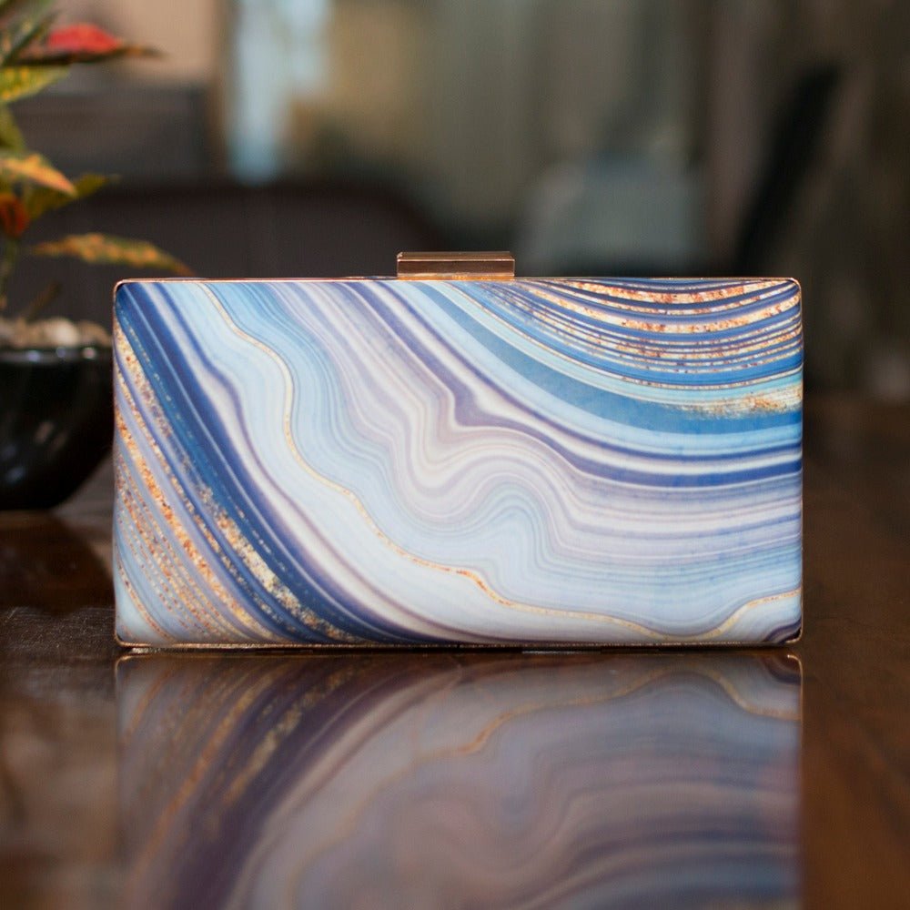 Indian Ethnic Designer Blue, White & Golden Marble Print Clutch Clutch La Vie Bien Indian Ethnic Designer Blue, White & Golden Marble Print Clutch