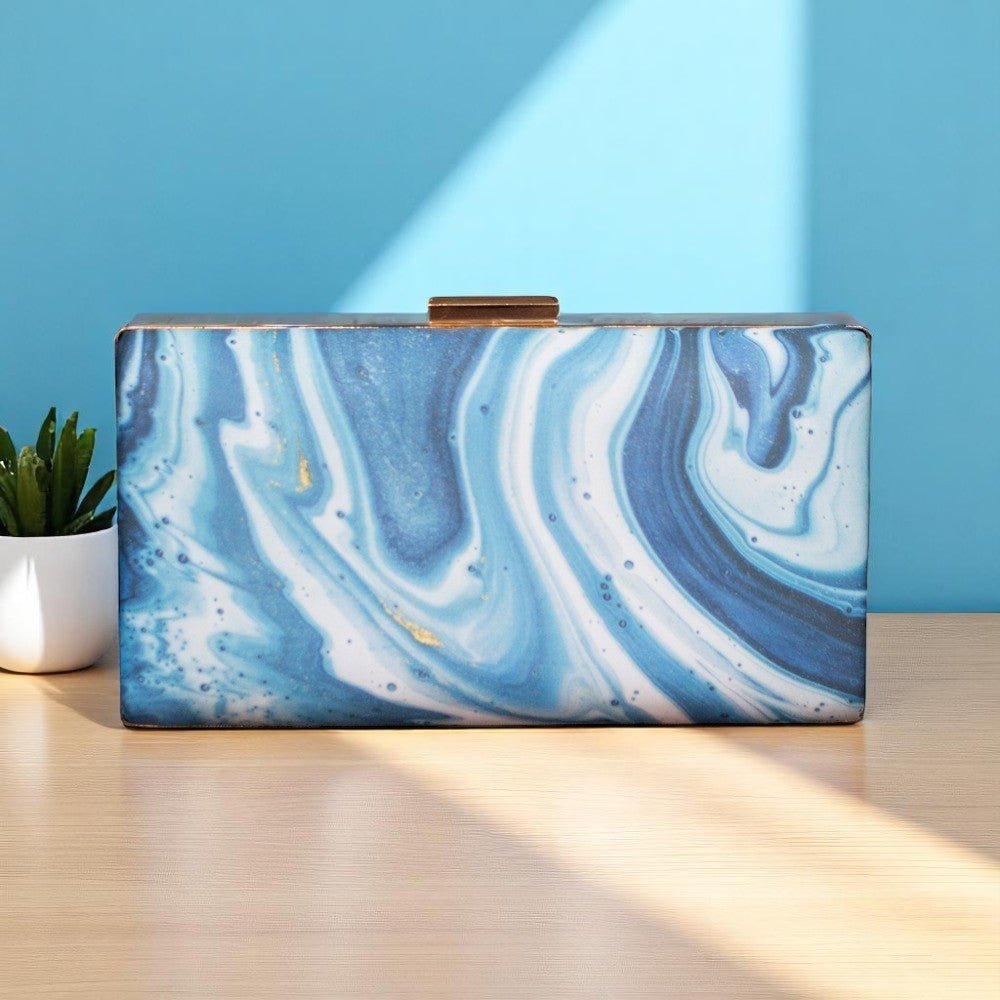 Indian Ethnic Designer Blue & White Marble Print Clutch La Vie Bien Indian Ethnic Designer Blue & White Marble Print