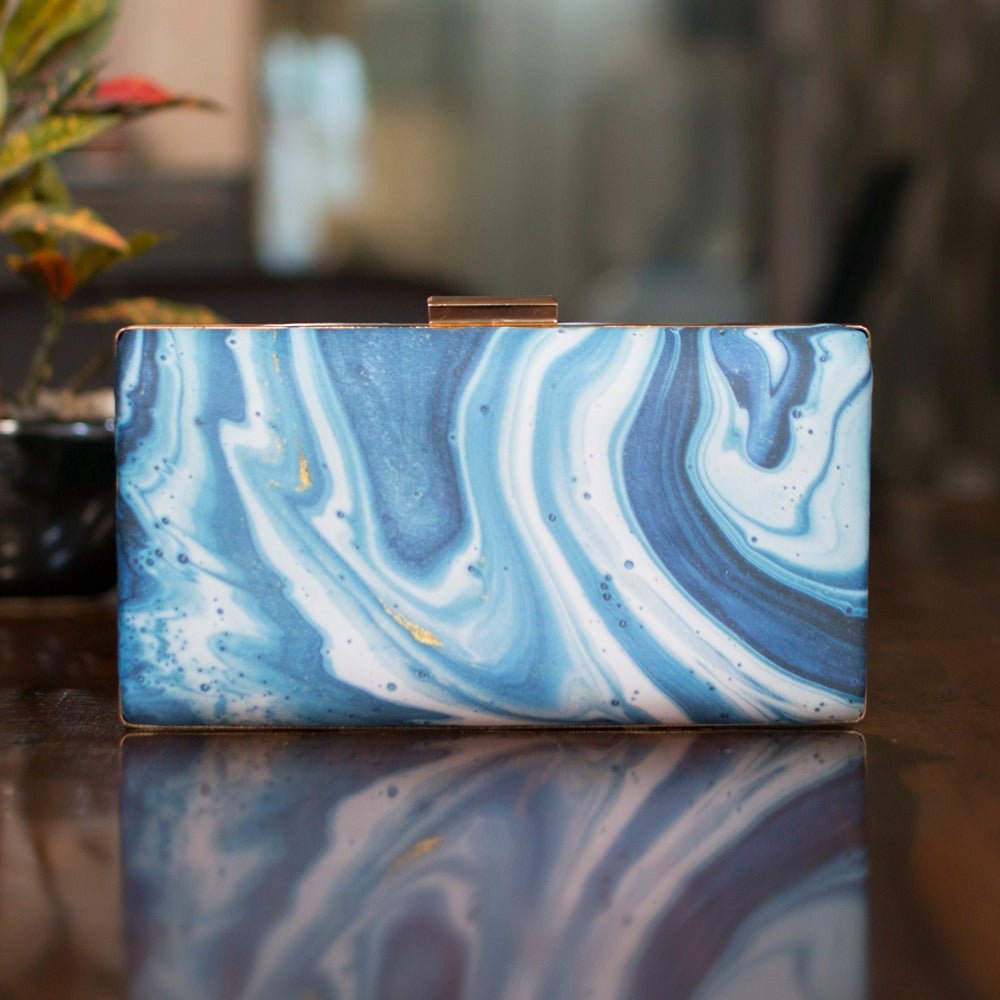 Indian Ethnic Designer Blue & White Marble Print Clutch La Vie Bien Indian Ethnic Designer Blue & White Marble Print