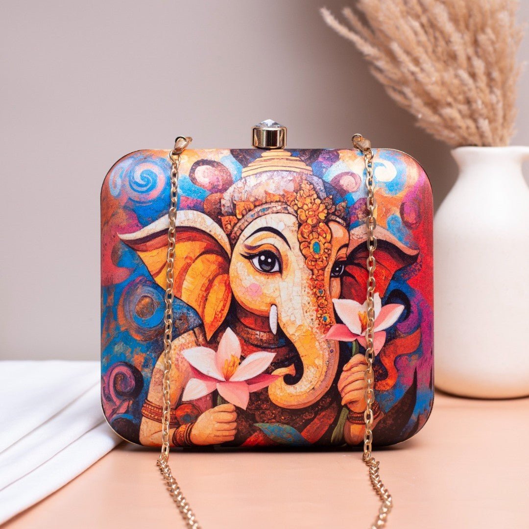 Indian Ethnic Designer Box Clutch with Lord Ganesha with Flower Design Clutch La Vie Bien Indian Ethnic Designer Box Clutch with Lord Ganesha with Flower Design