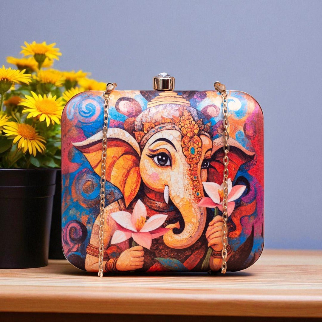 Indian Ethnic Designer Box Clutch with Lord Ganesha with Flower Design Clutch La Vie Bien Indian Ethnic Designer Box Clutch with Lord Ganesha with Flower Design