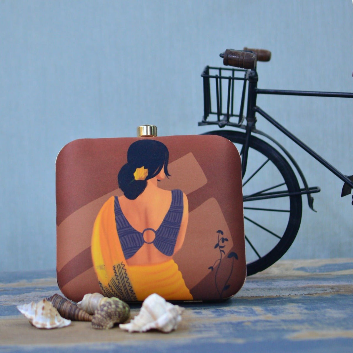 Indian Ethnic Designer Brown Clutch with Sitting Women Portrait Clutch La Vie Bien Indian Ethnic Designer Brown Clutch with Sitting Women Portrait