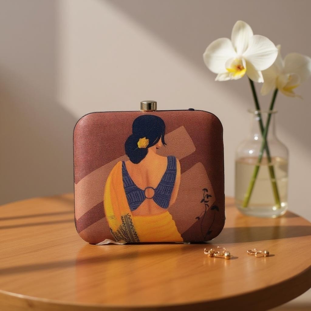 Indian Ethnic Designer Brown Clutch with Sitting Women Portrait Clutch La Vie Bien Indian Ethnic Designer Brown Clutch with Sitting Women Portrait