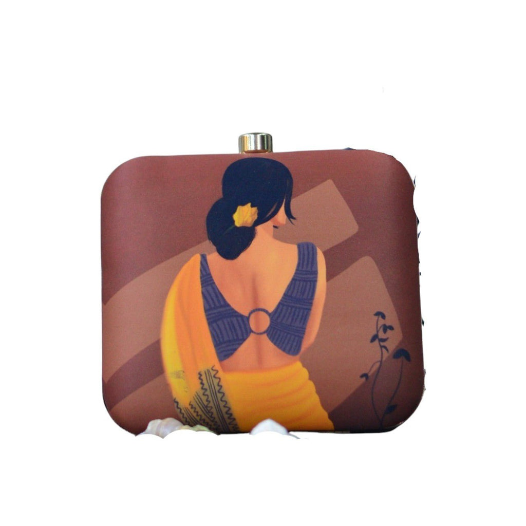 Indian Ethnic Designer Brown Clutch with Sitting Women Portrait Clutch La Vie Bien Indian Ethnic Designer Brown Clutch with Sitting Women Portrait