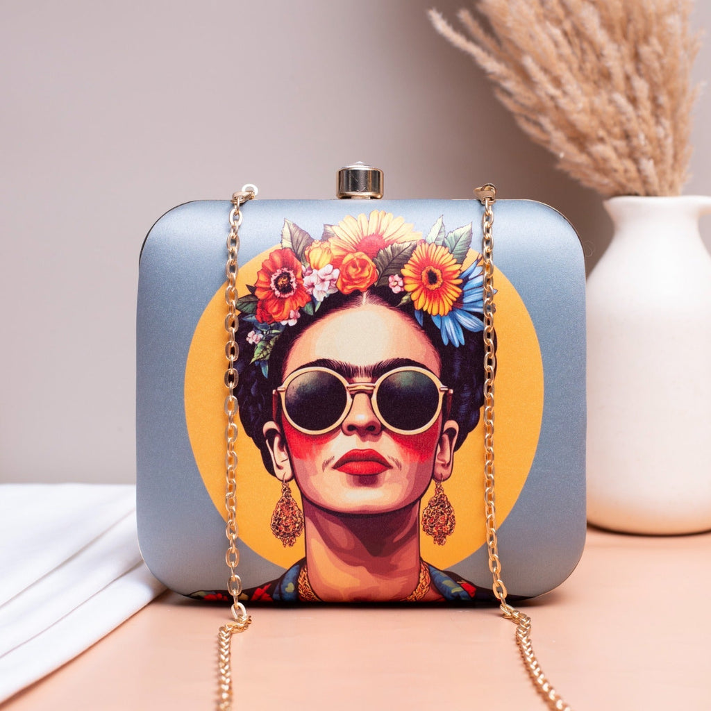 Indian Ethnic Designer Clutch with Lady Portrait Wearing Goggles & Floral Crown Clutch La Vie Bien Indian Ethnic Designer Clutch with Lady Portrait Wearing Goggles & Floral Crown