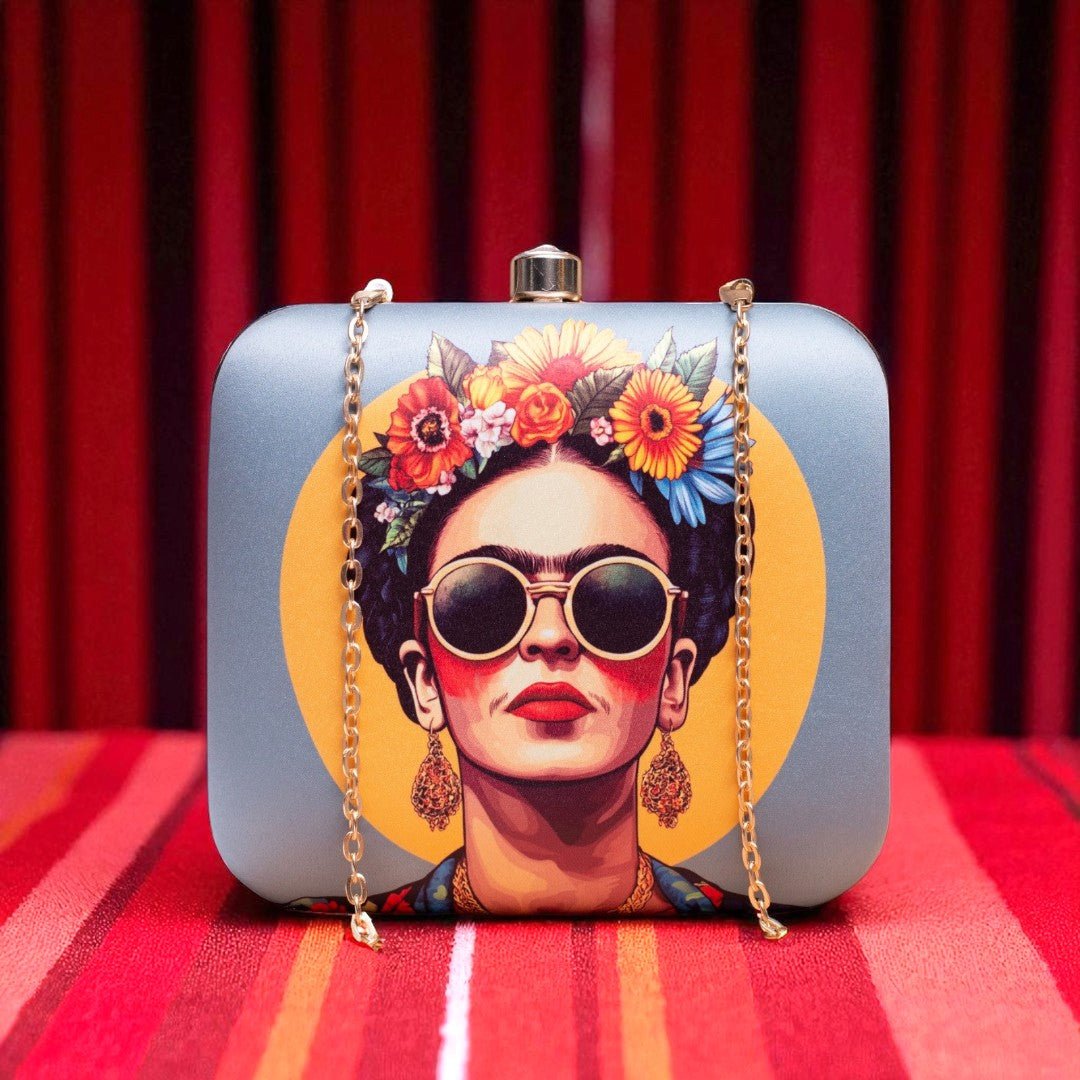 Indian Ethnic Designer Clutch with Lady Portrait Wearing Goggles & Floral Crown Clutch La Vie Bien Indian Ethnic Designer Clutch with Lady Portrait Wearing Goggles & Floral Crown