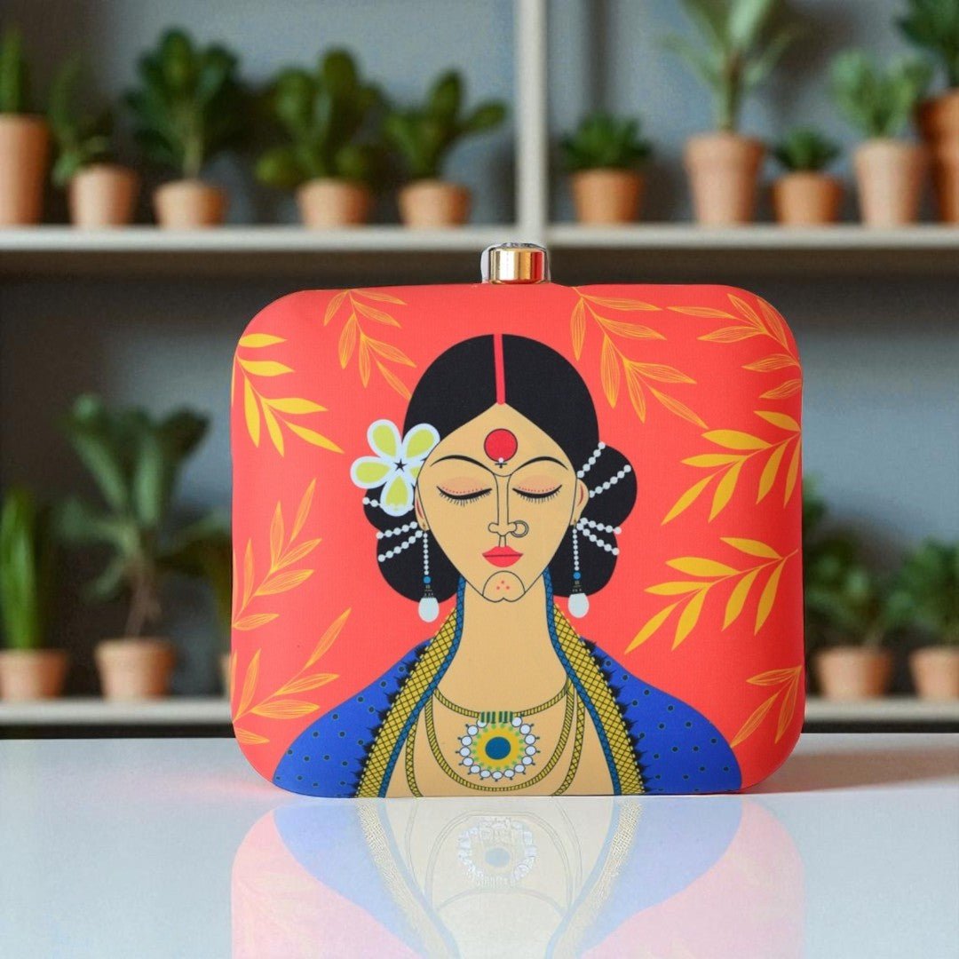 Indian Ethnic Designer Clutch with Lady Portrait with Bindi, Sindoor & Nose-pin Clutch La Vie Bien Indian Ethnic Designer Clutch with Lady Portrait with Bindi, Sindoor & Nose-pin