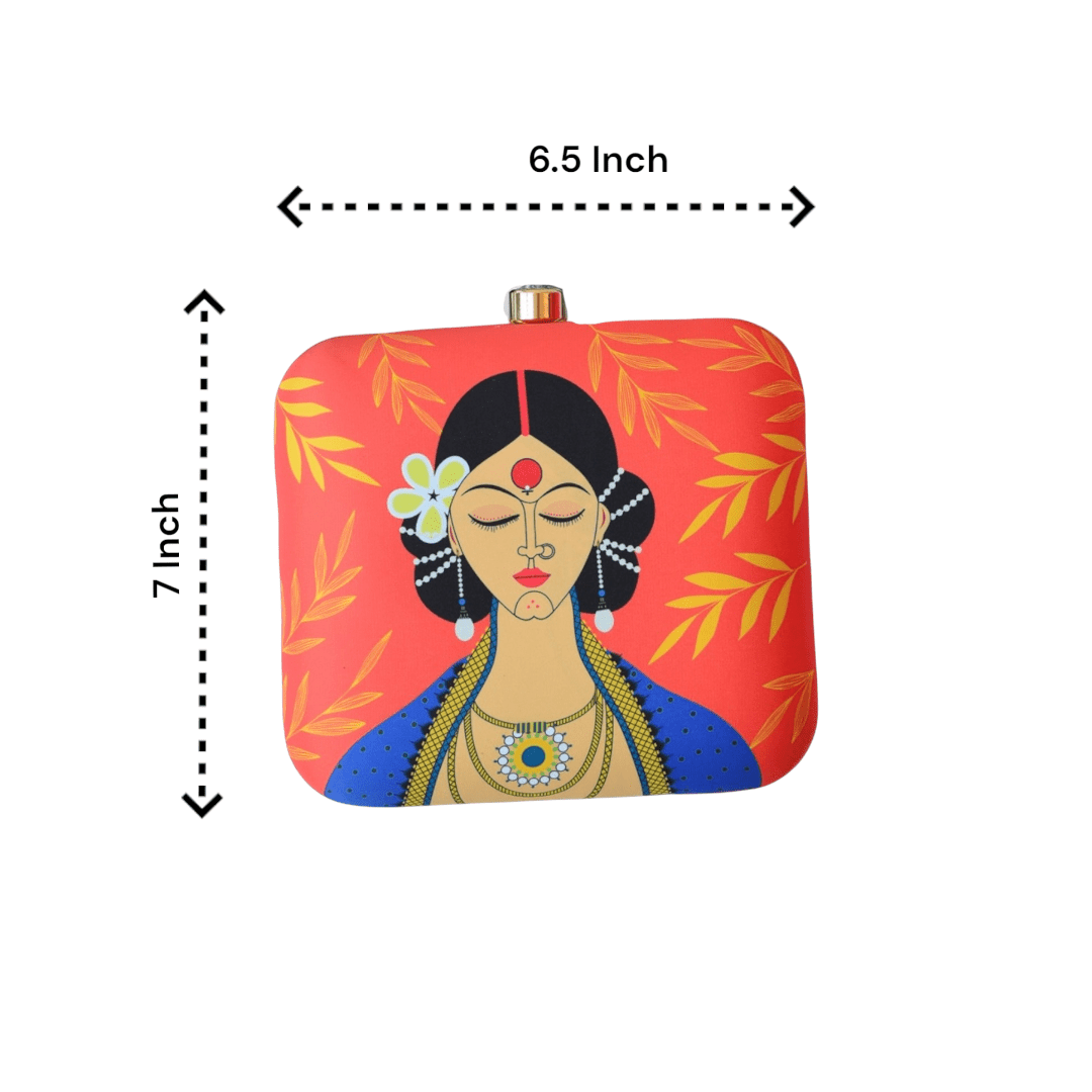 Indian Ethnic Designer Clutch with Lady Portrait with Bindi, Sindoor & Nose-pin Clutch La Vie Bien Indian Ethnic Designer Clutch with Lady Portrait with Bindi, Sindoor & Nose-pin