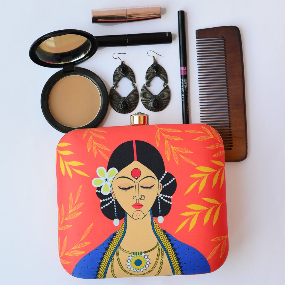 Indian Ethnic Designer Clutch with Lady Portrait with Bindi, Sindoor & Nose-pin Clutch La Vie Bien Indian Ethnic Designer Clutch with Lady Portrait with Bindi, Sindoor & Nose-pin