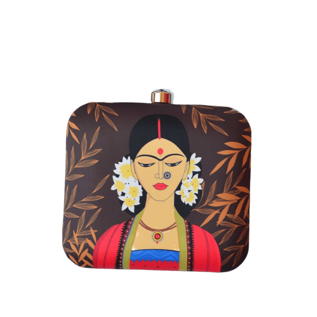 Indian Ethnic Designer Clutch with Lady Portrait with Bindi, Sindoor & Nose-pin Clutch La Vie Bien Indian Ethnic Designer Clutch with Lady Portrait with Bindi, Sindoor & Nose-pin