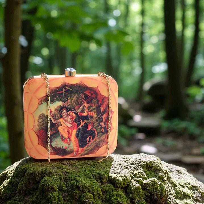 Indian Ethnic Designer Clutch with Radha Krishna on Swing Portrait Clutch La Vie Bien Indian Ethnic Designer Clutch with Radha Krishna on Swing Portrait