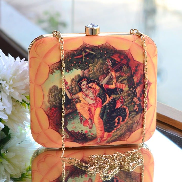 Indian Ethnic Designer Clutch with Radha Krishna on Swing Portrait Clutch La Vie Bien Indian Ethnic Designer Clutch with Radha Krishna on Swing Portrait