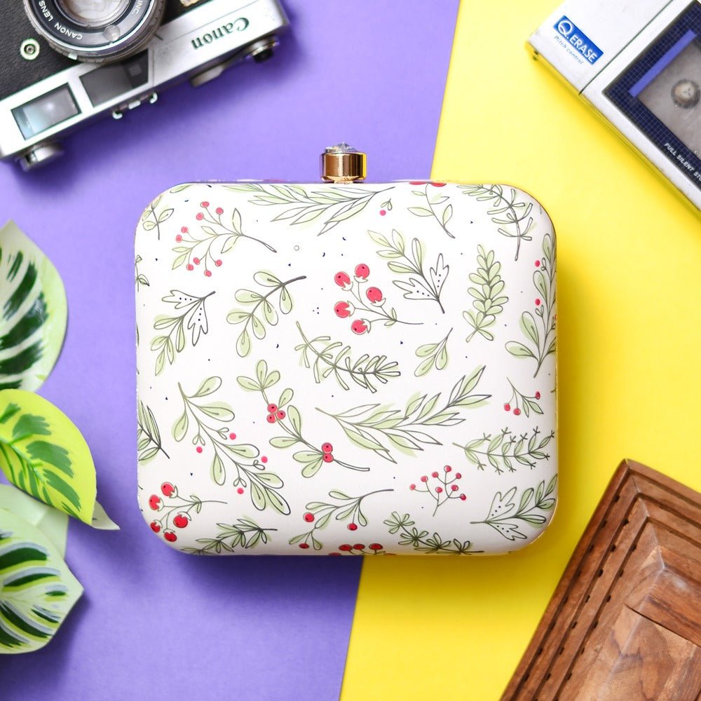 Indian Ethnic Designer Cream Clutch with Cherry & leaf Design Clutch La Vie Bien Indian Ethnic Designer Cream Clutch with Cherry & leaf Design