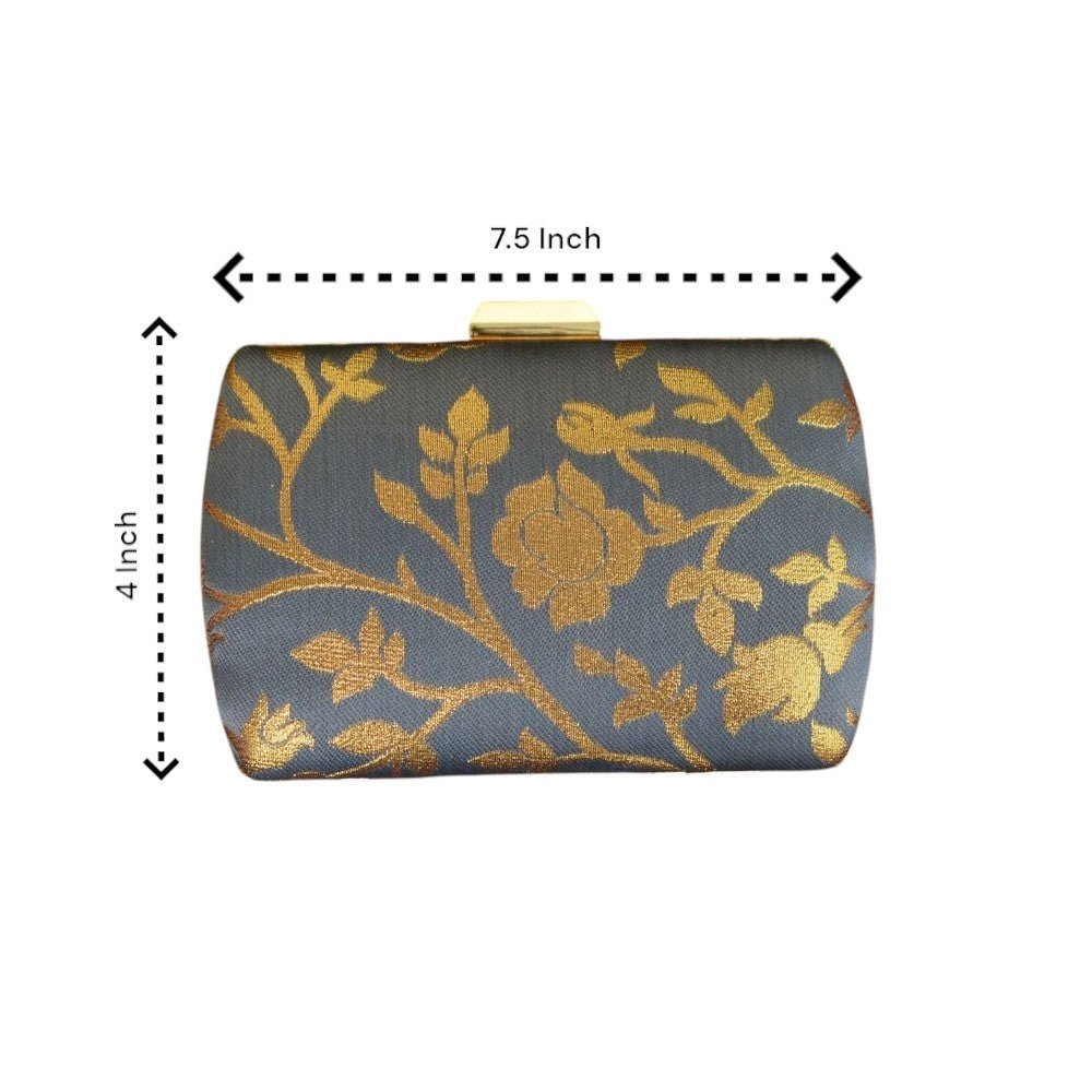 Indian Ethnic Designer Gray Clutch with Golden Floral Design Clutch La Vie Bien Indian Ethnic Designer Gray Clutch with Golden Floral Design
